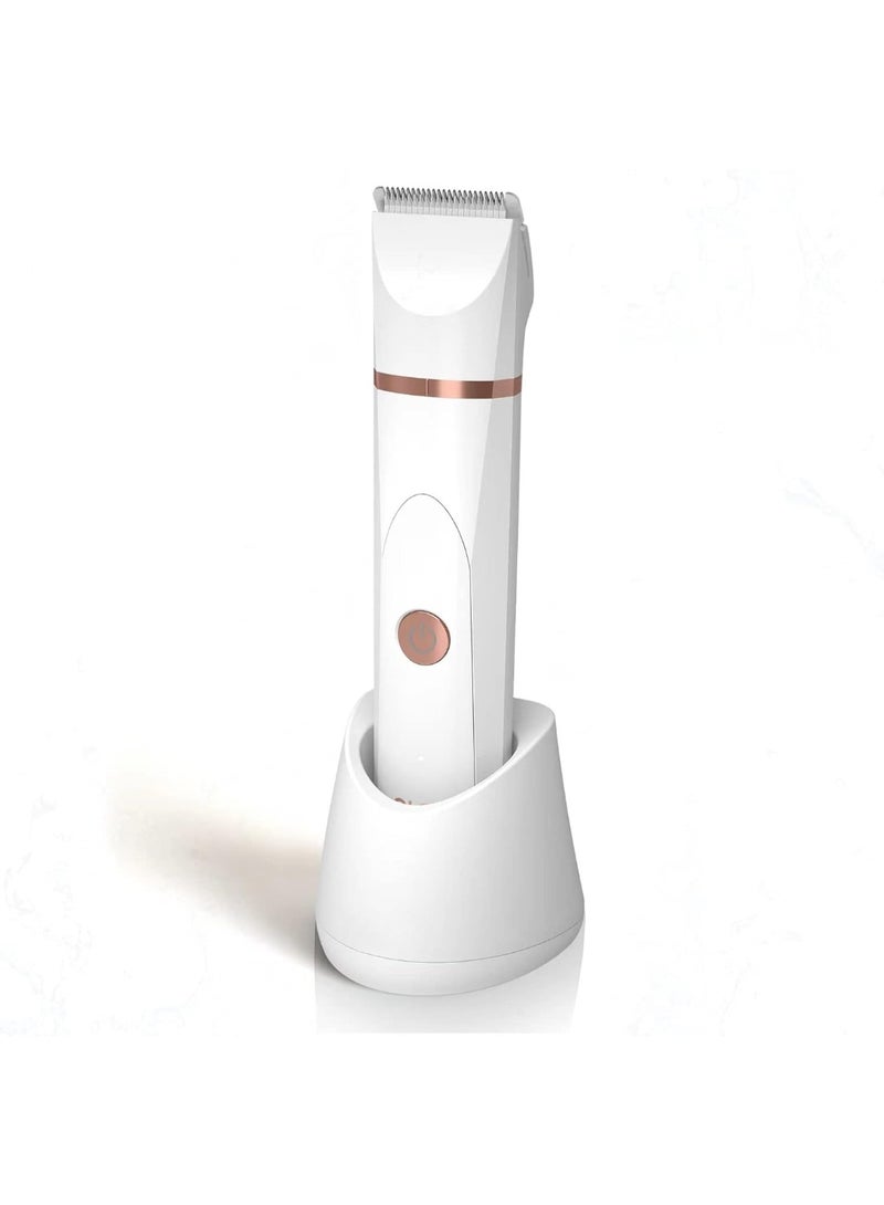ماكينة حلاقة كهربائية لشعر الجسم - ماكينة حلاقة لمنطقة العانة للرجال - ماكينة حلاقة بيكيني للنساء - ماكينة حلاقة جافة/رطبة، رؤوس شفرات سيراميك قابلة للاستبدال، قاعدة شحن USB، ماكينة حلاقة صحية مقاومة للماء، لون أبيض - Image 1