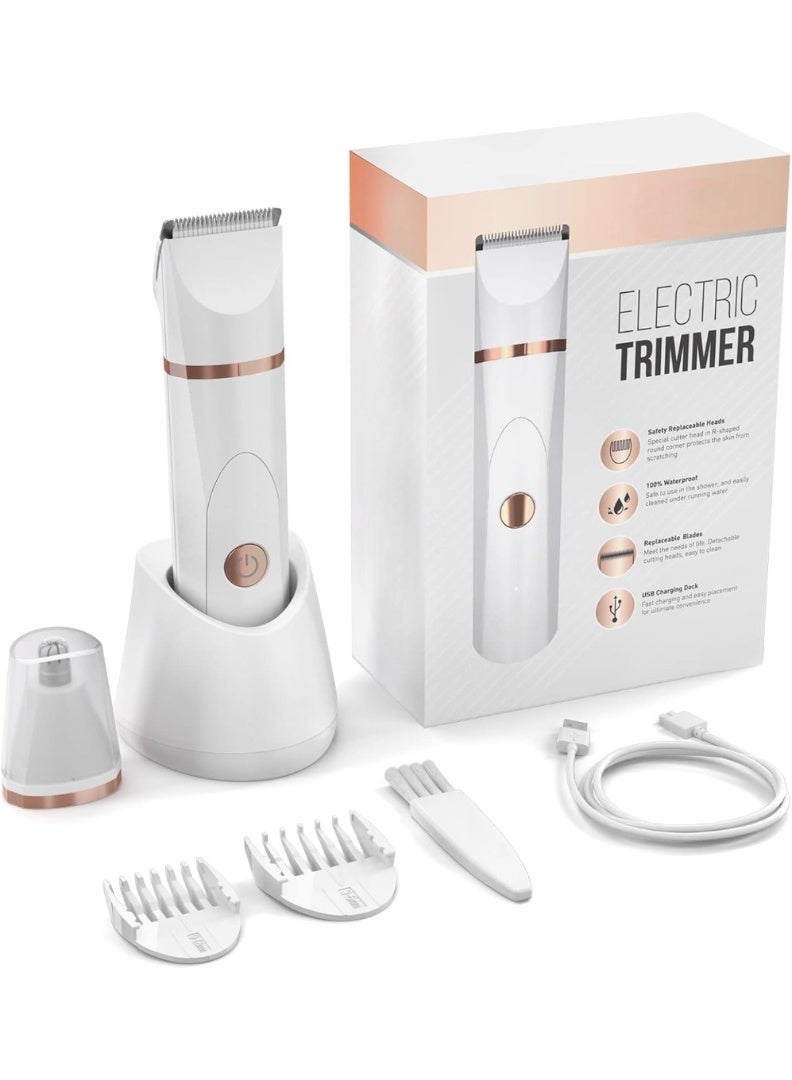 ماكينة حلاقة كهربائية لشعر الجسم - ماكينة حلاقة لمنطقة العانة للرجال - ماكينة حلاقة بيكيني للنساء - ماكينة حلاقة جافة/رطبة، رؤوس شفرات سيراميك قابلة للاستبدال، قاعدة شحن USB، ماكينة حلاقة صحية مقاومة للماء، لون أبيض - Image 2