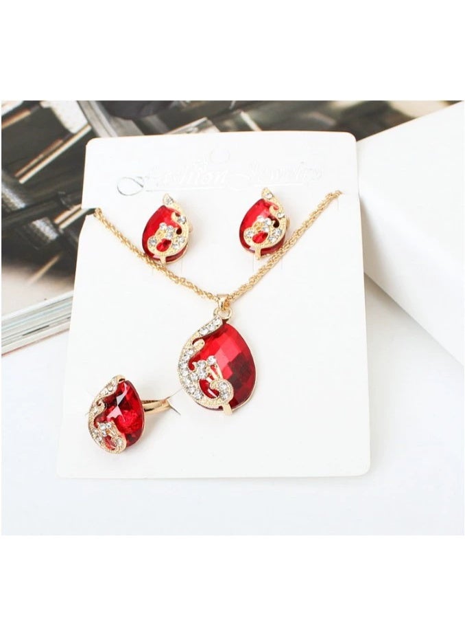 Goolsky Red Crystal Jewelry Set – Necklace, Earrings & Ring 3-Piece Gift Set, Romantic Vintage-Inspired Accessories - Image 3