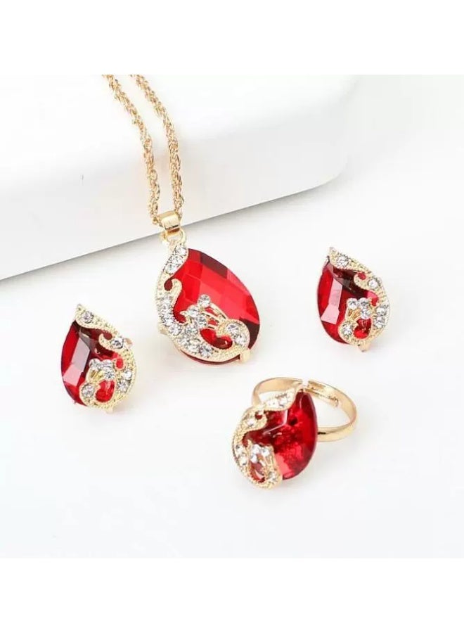 Goolsky Red Crystal Jewelry Set – Necklace, Earrings & Ring 3-Piece Gift Set, Romantic Vintage-Inspired Accessories - Image 1