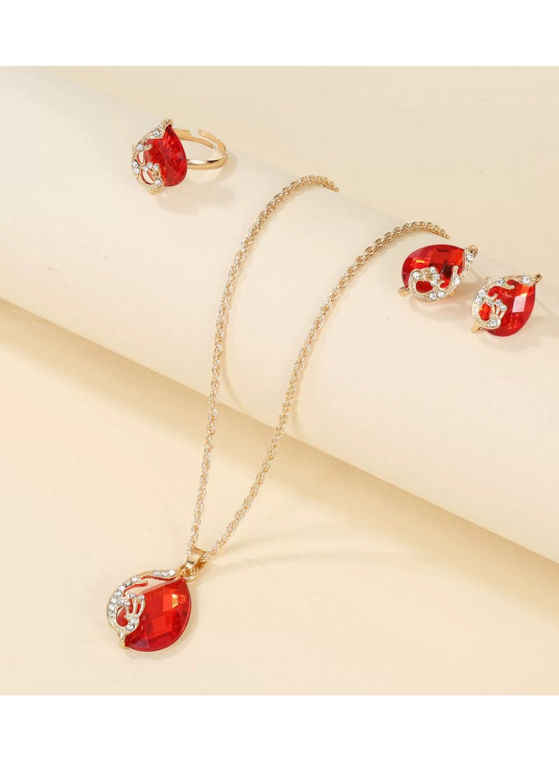 Goolsky Red Crystal Jewelry Set – Necklace, Earrings & Ring 3-Piece Gift Set, Romantic Vintage-Inspired Accessories - Image 2