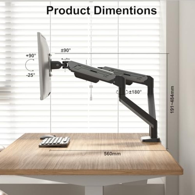 Dual Monitor Arm for office use, steel black, heavy-duty gas spring with full adjustability, supports 17-38 inch screens weighing 2-12kg, ergonomic VESA desk mount - Image 5