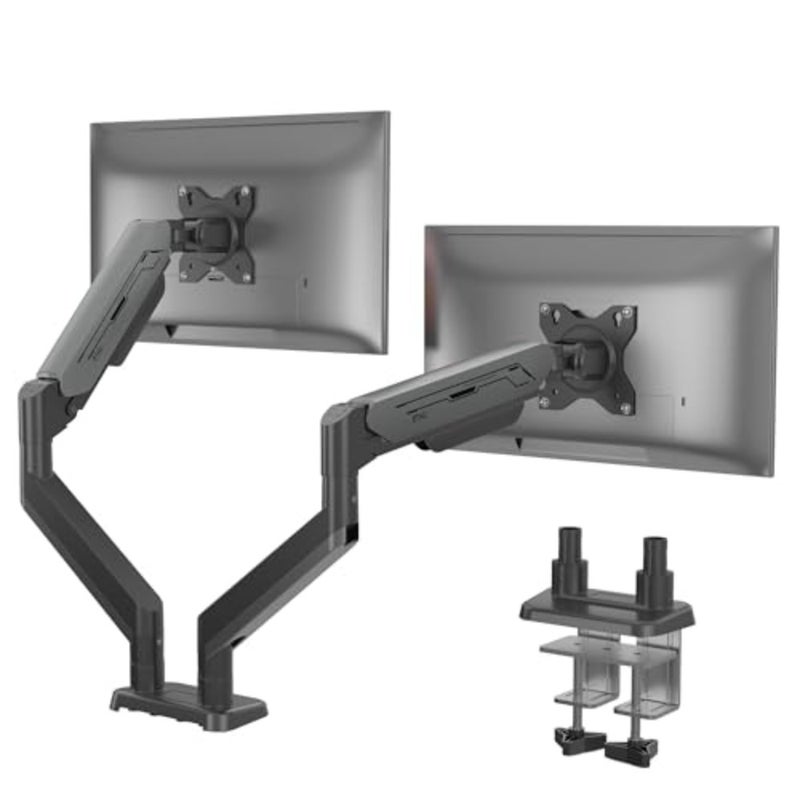 Dual Monitor Arm for office use, steel black, heavy-duty gas spring with full adjustability, supports 17-38 inch screens weighing 2-12kg, ergonomic VESA desk mount - Image 1