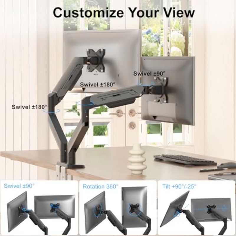 Dual Monitor Arm for office use, steel black, heavy-duty gas spring with full adjustability, supports 17-38 inch screens weighing 2-12kg, ergonomic VESA desk mount - Image 4