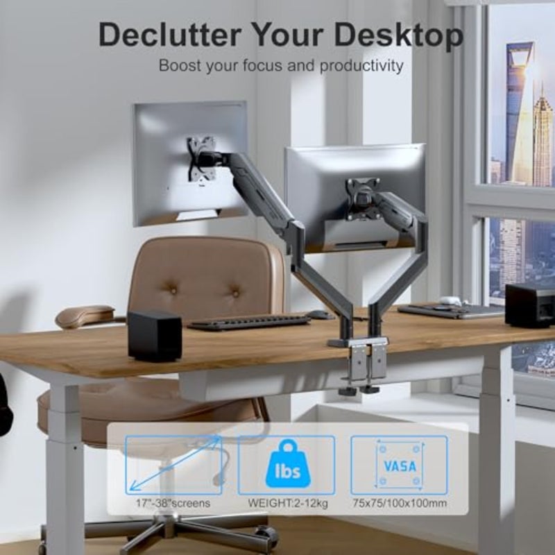 Dual Monitor Arm for office use, steel black, heavy-duty gas spring with full adjustability, supports 17-38 inch screens weighing 2-12kg, ergonomic VESA desk mount - Image 2