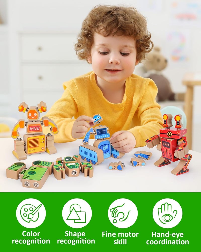 Wooden Robot Building Block Set, Snap Together Robot Builders, STEM Take Apart Robot Playset, Fine Motor Skill Educational Learning Toy Gift for 3 4 5 Years Old Kids | Wooden Snap Together Builders, STEM Take Apart Robot Playset, Educational Learning Toy Gift for Boys Girls - Image 4