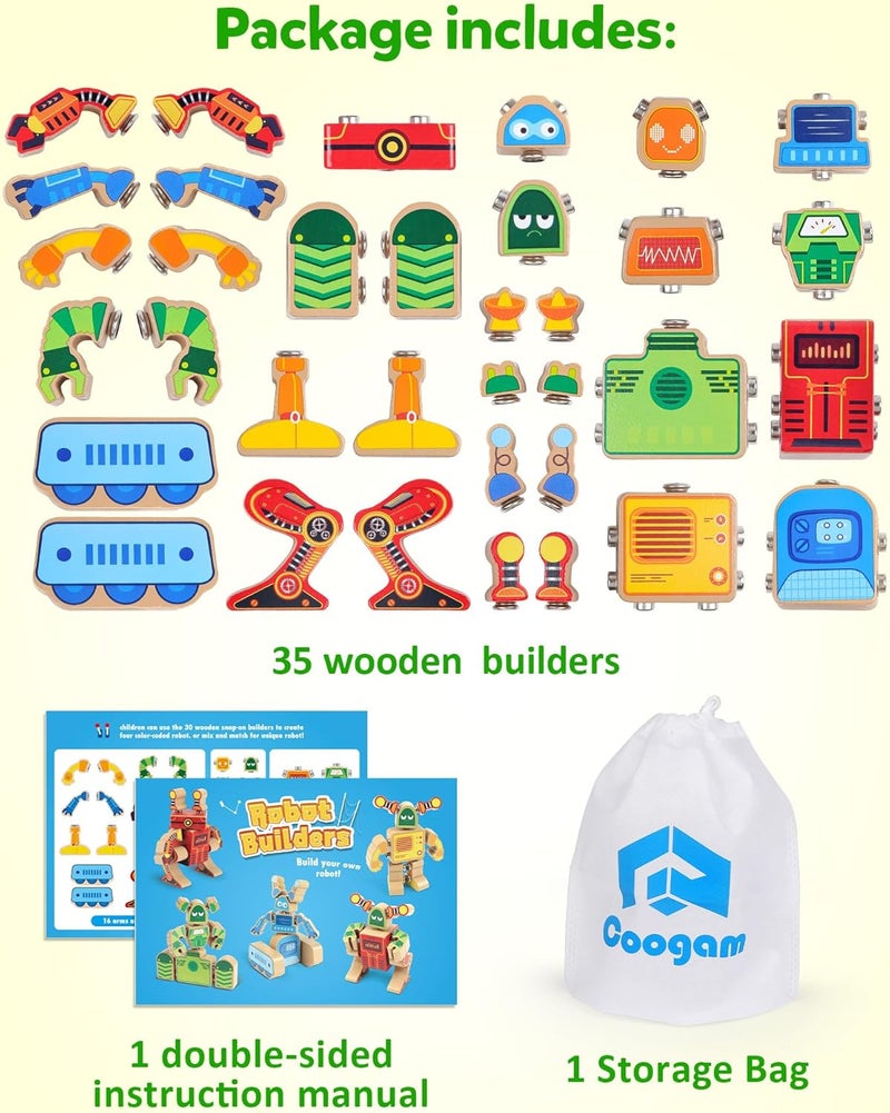 Wooden Robot Building Block Set, Snap Together Robot Builders, STEM Take Apart Robot Playset, Fine Motor Skill Educational Learning Toy Gift for 3 4 5 Years Old Kids | Wooden Snap Together Builders, STEM Take Apart Robot Playset, Educational Learning Toy Gift for Boys Girls - Image 5