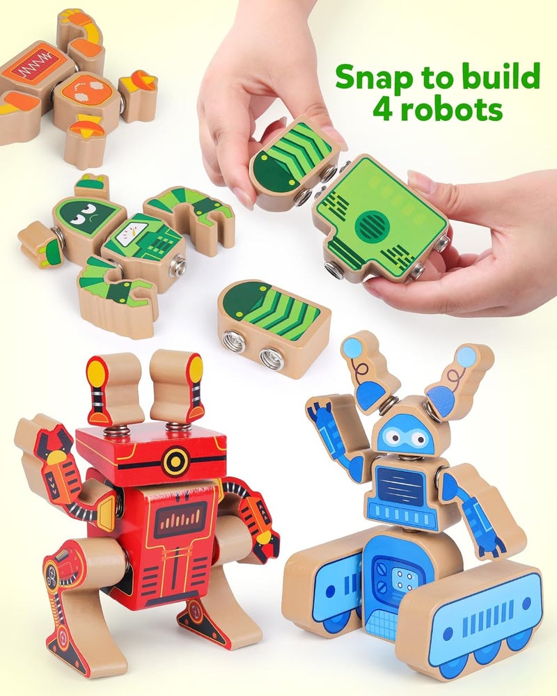 Wooden Robot Building Block Set, Snap Together Robot Builders, STEM Take Apart Robot Playset, Fine Motor Skill Educational Learning Toy Gift for 3 4 5 Years Old Kids | Wooden Snap Together Builders, STEM Take Apart Robot Playset, Educational Learning Toy Gift for Boys Girls - Image 2