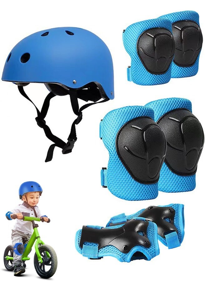 Kids Bike Helmet Set Skateboard Knee Pads Kids Helmet Elbow Pads Wrist Guards Adjustable for 2~8yrs Girl Boy Kids Protective Gear Set for Sport Cycling Bike Roller Skating Scooter (Blue) - Image 1