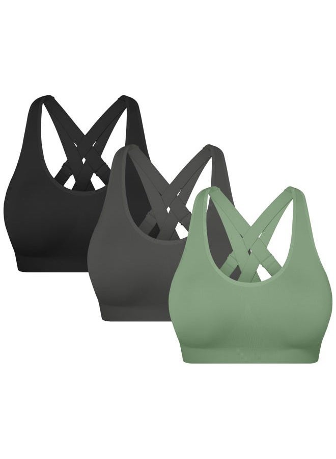 MIRITY Padded Strappy Sports Bra for Women - with Dual Crossback and Adjustable Straps for Workout Gym Pack of 3, Color 6, XL - Image 1