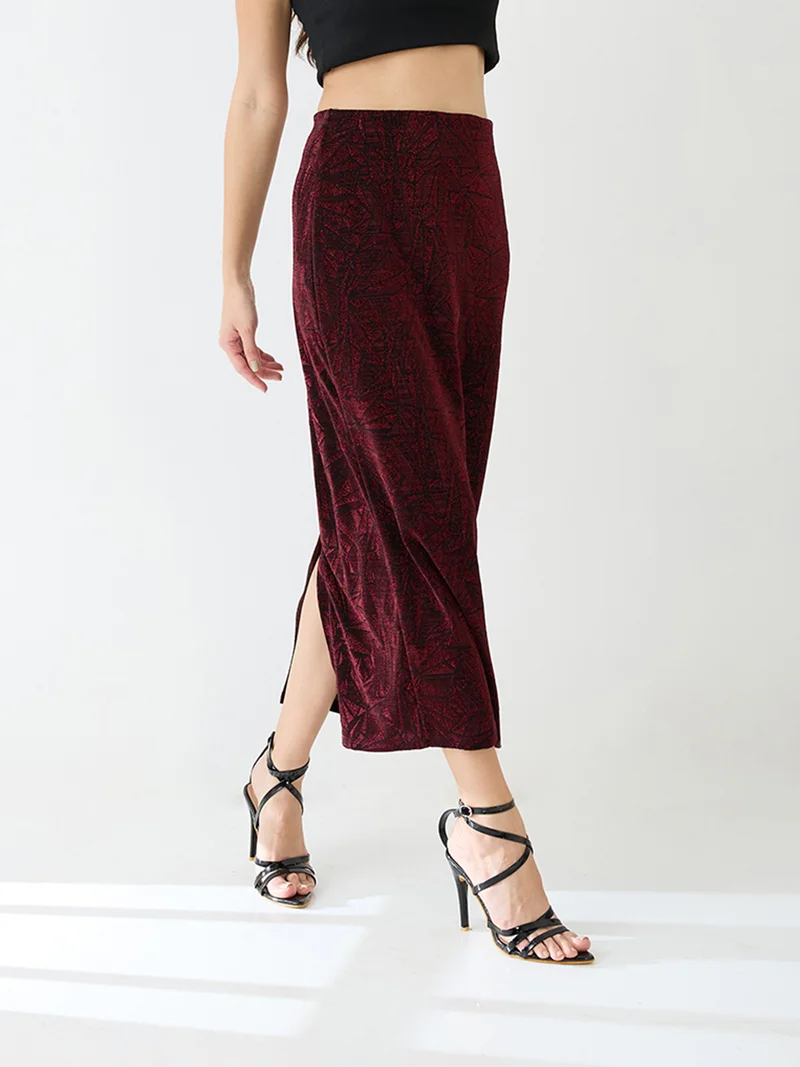 globus Red Women Red Shimmer Mid-Rise Back Slit Midi Pencil Party Skirt for Women | Best Price UAE