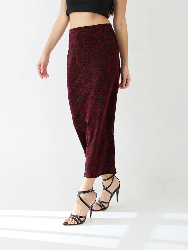 globus Red Women Red Shimmer Mid-Rise Back Slit Midi Pencil Party Skirt for Women | Best Price UAE
