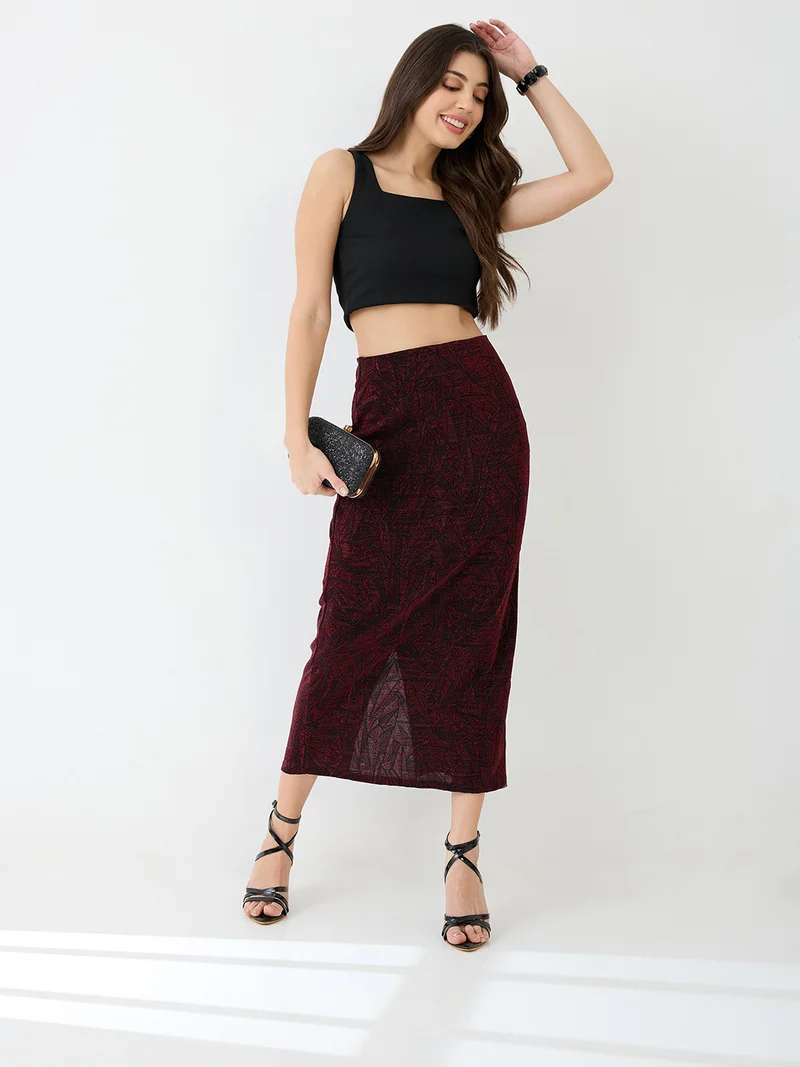 globus Globus Women Red Shimmer Mid-Rise Back Slit Midi Pencil Party Skirt