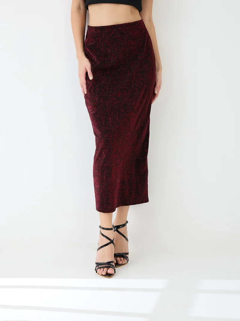 globus Globus Women Red Shimmer Mid-Rise Back Slit Midi Pencil Party Skirt