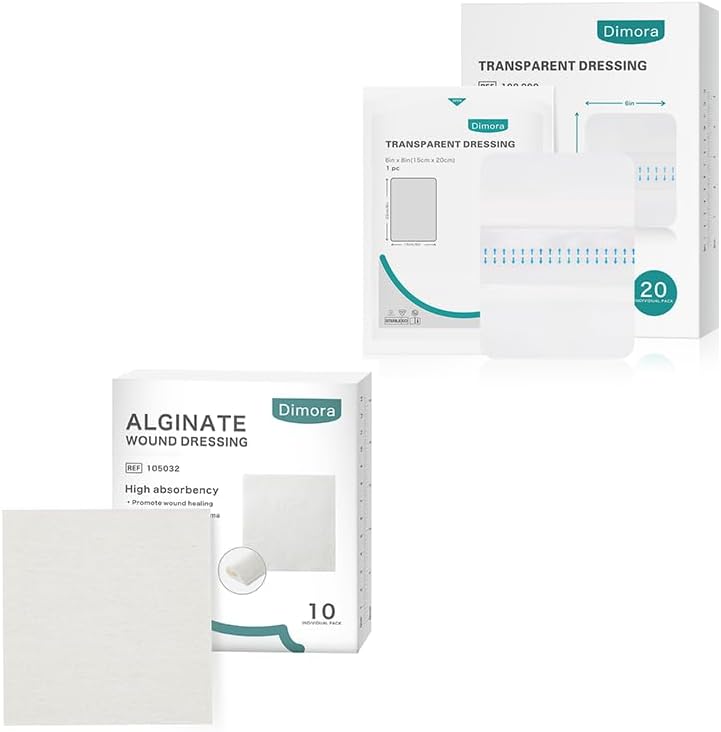 Dimora Transparent Film Wound Dressing 6x8 inch 20 Packs  Dimora Calcium Alginate Wound Dressing 4 x 4 10 Packs - Image 1