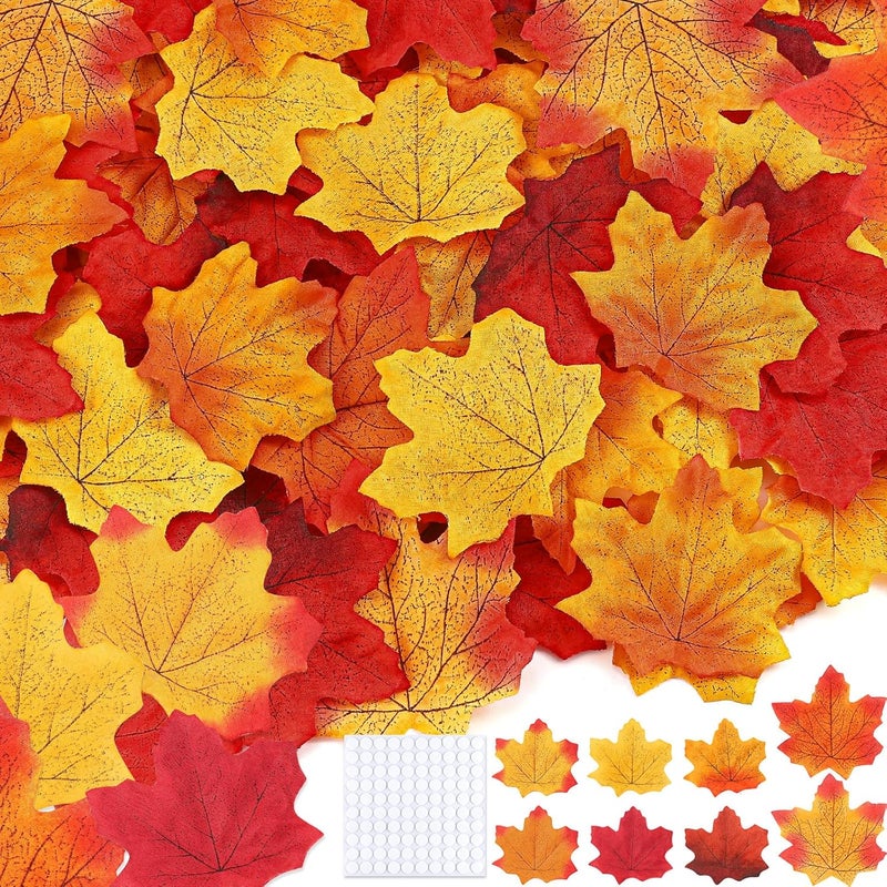 Gushu 300 Piece Fall Leaves Set 7 Colors Artificial Autumn Maple Leaf Decor with 100 Glue Dots Perfect for Wreath and Bouquet Making, Weddings, Halloween, Thanksgiving Decoration - Image 1