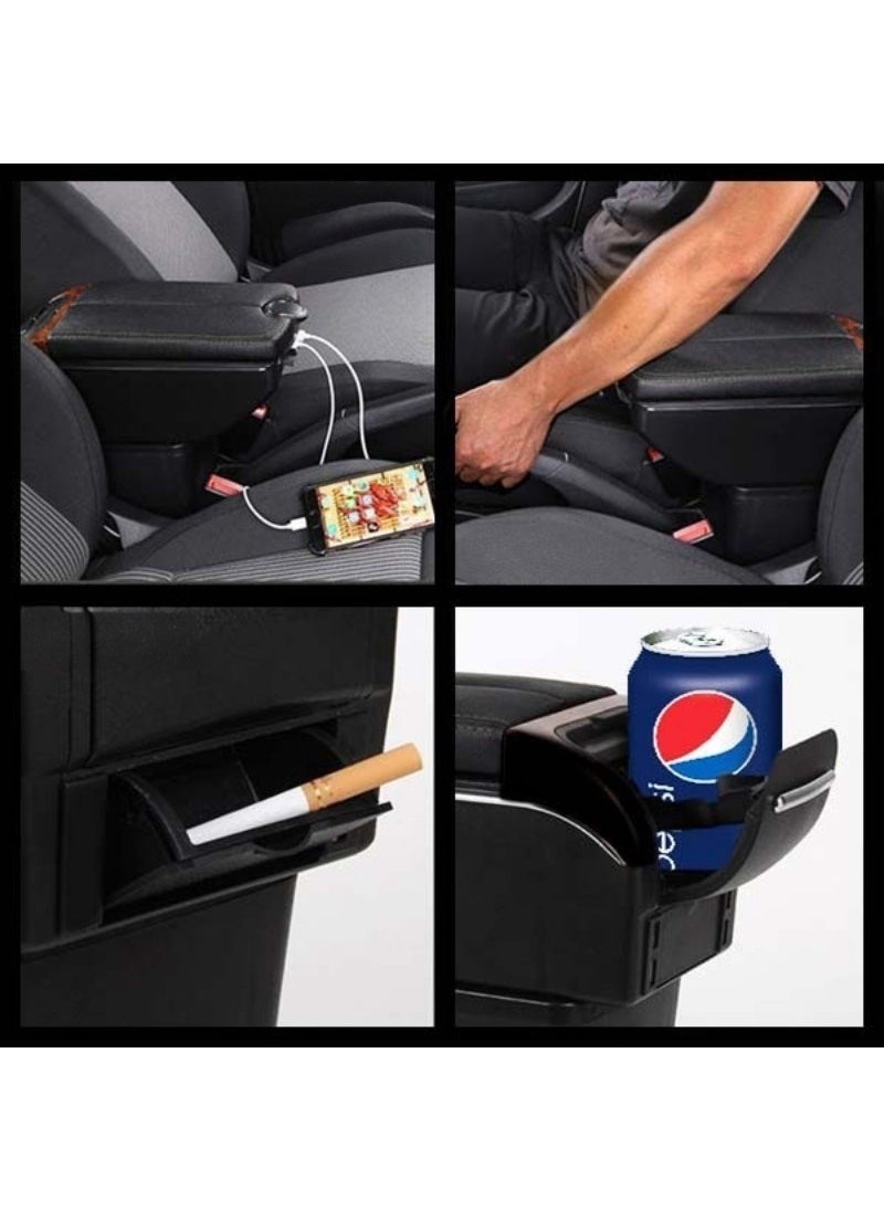 Techmaster 6 منافذ USB مسند ذراع مناسب لجميع المركبات مسند ذراع بفتح مزدوج باللون الأسود  - Image 4