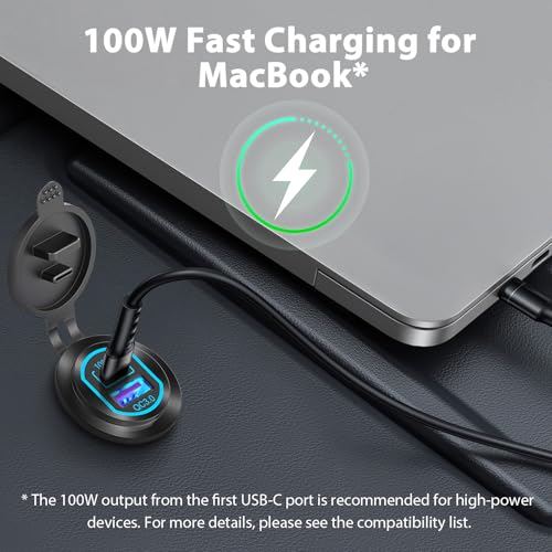 Hapytrip 2 Pack 12V USB C Outlet PD 100W Car USB Port for Laptop and QC3.0 18W Car Charger Socket Aluminum Alloy, Fast Charging Cigarette Lighter Replacement DIY Accessary for RV MarineTruck Boat Golf - Image 3