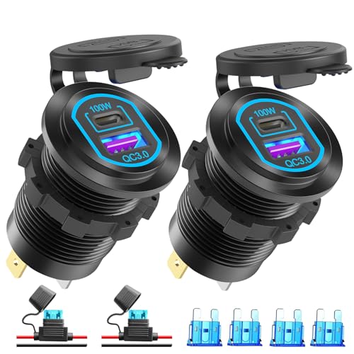 Hapytrip 2 Pack 12V USB C Outlet PD 100W Car USB Port for Laptop and QC3.0 18W Car Charger Socket Aluminum Alloy, Fast Charging Cigarette Lighter Replacement DIY Accessary for RV MarineTruck Boat Golf - Image 1