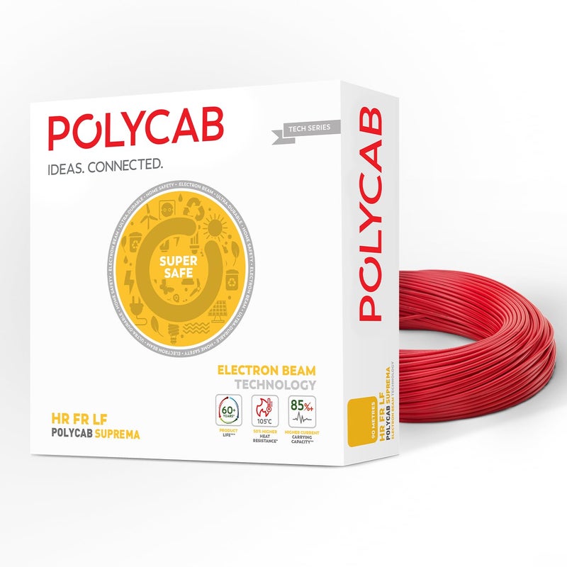 Polycab Suprema 1 sqmm Electron beam technology housewire|105C heat withstand capacity| No melt-No drip PVC insulation| 60 years product life|85% higher current carrying capacity|90M coil【Red】 - Image 1