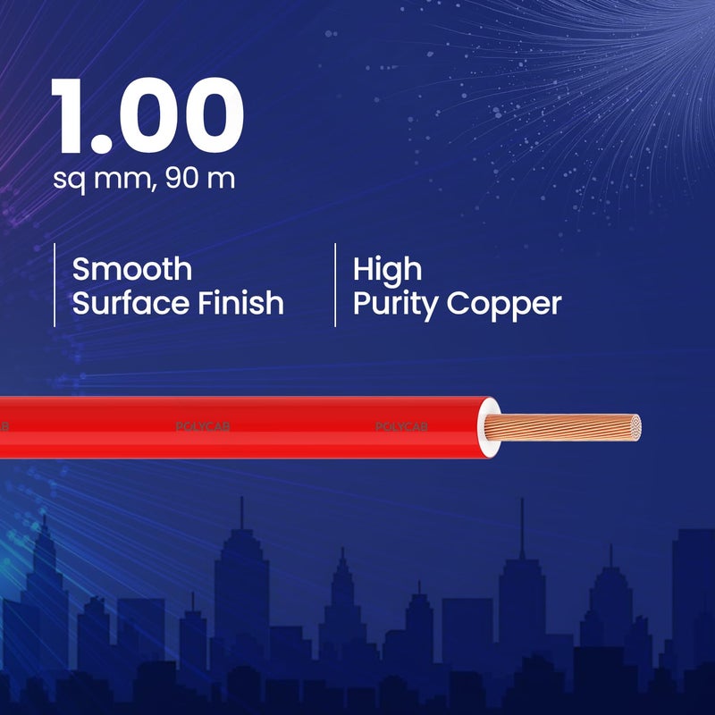 Polycab Suprema 1 sqmm Electron beam technology housewire|105C heat withstand capacity| No melt-No drip PVC insulation| 60 years product life|85% higher current carrying capacity|90M coil【Red】 - Image 2