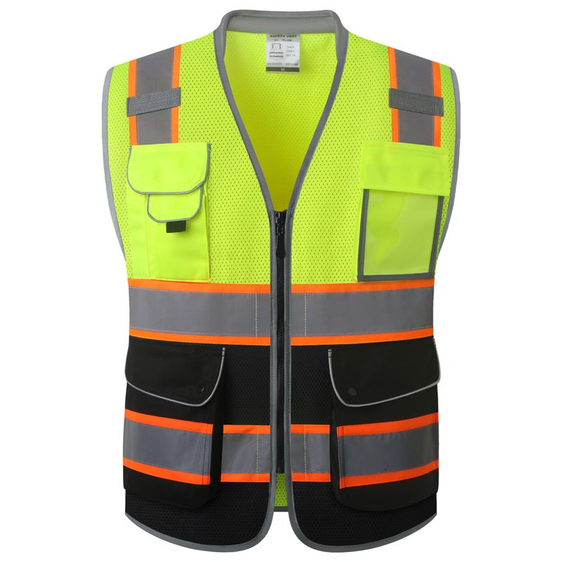 JKSafety سترة أمان عالية الرؤية من JKSafety بجيوب 9 فئة 2 سترة شبكية عاكسة للرجال والنساء مع ياقة مبطنة معدات العمل PPE متوافقة مع ANSI/ISEA (101-YBlack XL) - Image 1