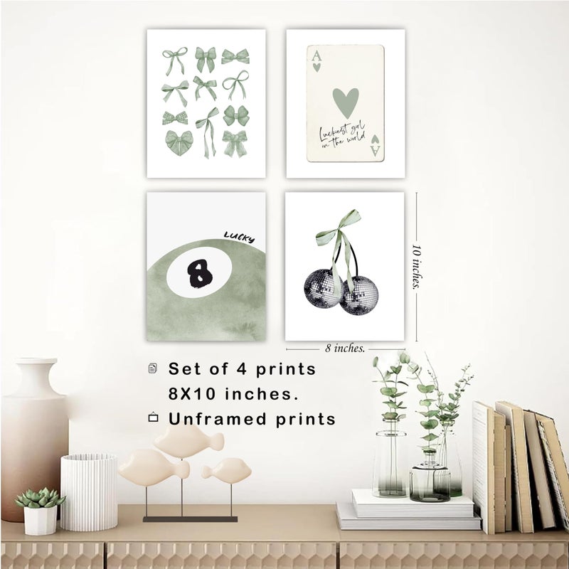 okaxscm Sage Green Coquette Trendy Preppy Wall Art Prints Set of 4, Coquette Preppy Room Decor Aesthetic, Green Bow Disco 8 Ball Cherry Wall Decor Posters for Girls Bedroom Dorm, 8x10 Unframed - Image 3