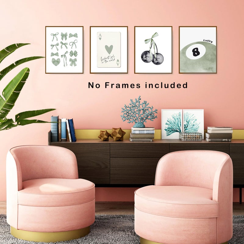 okaxscm Sage Green Coquette Trendy Preppy Wall Art Prints Set of 4, Coquette Preppy Room Decor Aesthetic, Green Bow Disco 8 Ball Cherry Wall Decor Posters for Girls Bedroom Dorm, 8x10 Unframed - Image 5