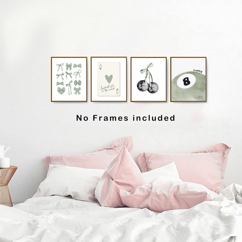okaxscm Sage Green Coquette Trendy Preppy Wall Art Prints Set of 4, Coquette Preppy Room Decor Aesthetic, Green Bow Disco 8 Ball Cherry Wall Decor Posters for Girls Bedroom Dorm, 8x10 Unframed - Image 4