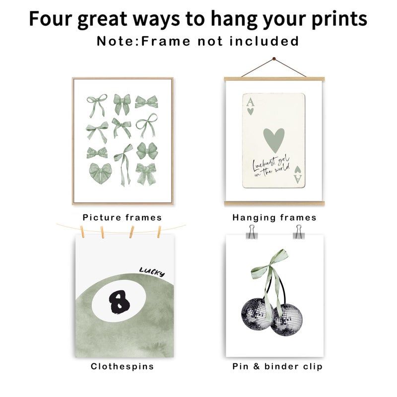 okaxscm Sage Green Coquette Trendy Preppy Wall Art Prints Set of 4, Coquette Preppy Room Decor Aesthetic, Green Bow Disco 8 Ball Cherry Wall Decor Posters for Girls Bedroom Dorm, 8x10 Unframed - Image 2