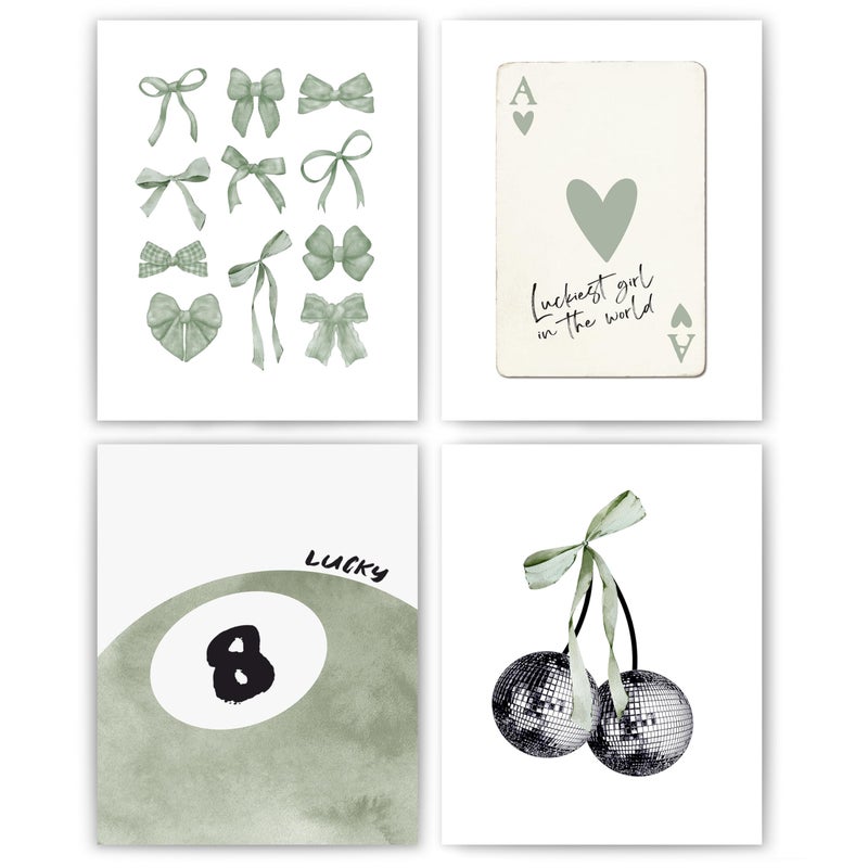 okaxscm Sage Green Coquette Trendy Preppy Wall Art Prints Set of 4, Coquette Preppy Room Decor Aesthetic, Green Bow Disco 8 Ball Cherry Wall Decor Posters for Girls Bedroom Dorm, 8x10 Unframed - Image 1