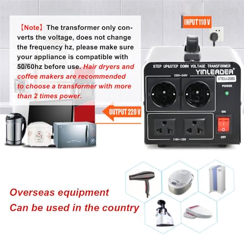 Yinleader 2000W Step Up/Down Transformer,Convert 110/120V to 220/240 Volt OR Convert 220V to 110V Voltage Converter with 2US&2 EU outlets [110V US Power Cord Included Only, No 220V Cord] - Image 4