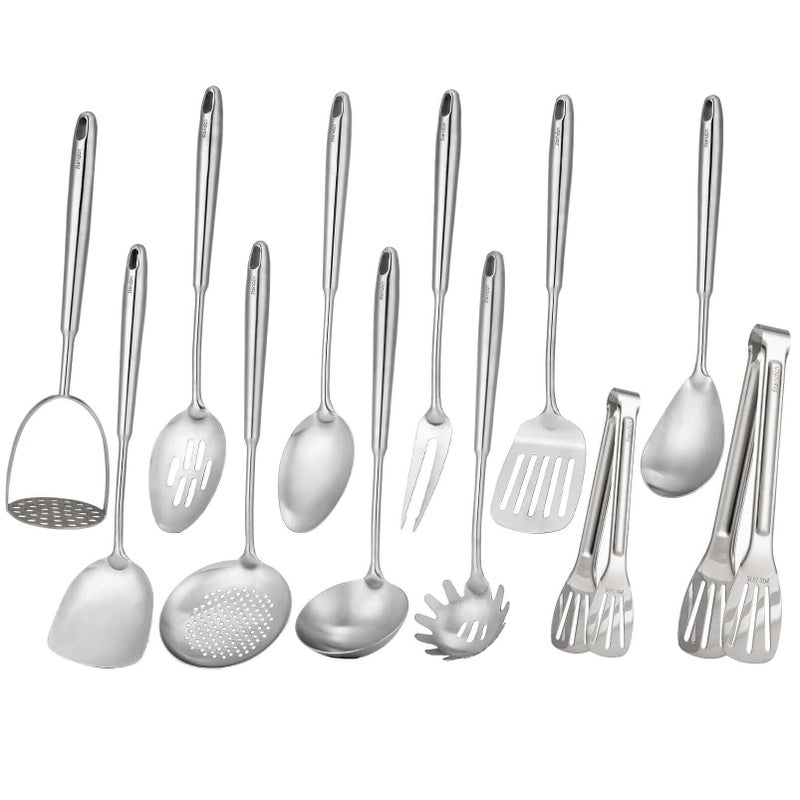 1810 Stainless Steel Kitchen Utensils Set 12 PCS All Metal Cooking Tools 15 Serving Utensils Potato Masher Meat Fork Tongs Turner Pasta Serving Spoon Skimmer Ladle Spatula Spoon Set