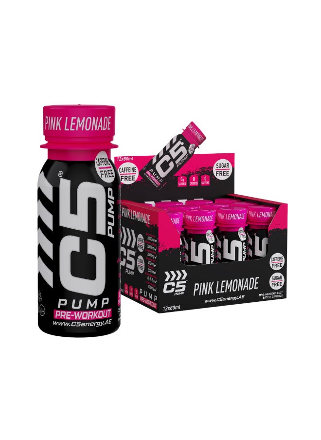 C5 C5 PUMP Shot Pre-Workout Energy Drink, Caffeine-Free, Sugar-Free, 80ml, With Beta-Alanine 3200mg, Citrulline 1500mg, B-Complex Vitamins (Pack of 12, Pink Lemonade)  - Image 1