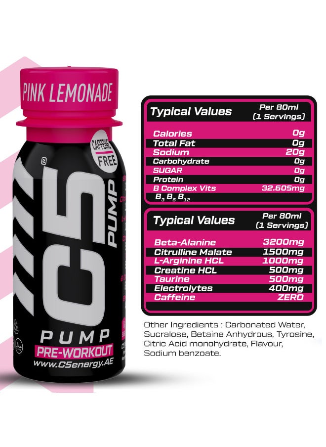 C5 C5 PUMP Shot Pre-Workout Energy Drink, Caffeine-Free, Sugar-Free, 80ml, With Beta-Alanine 3200mg, Citrulline 1500mg, B-Complex Vitamins (Pack of 12, Pink Lemonade)  - Image 2