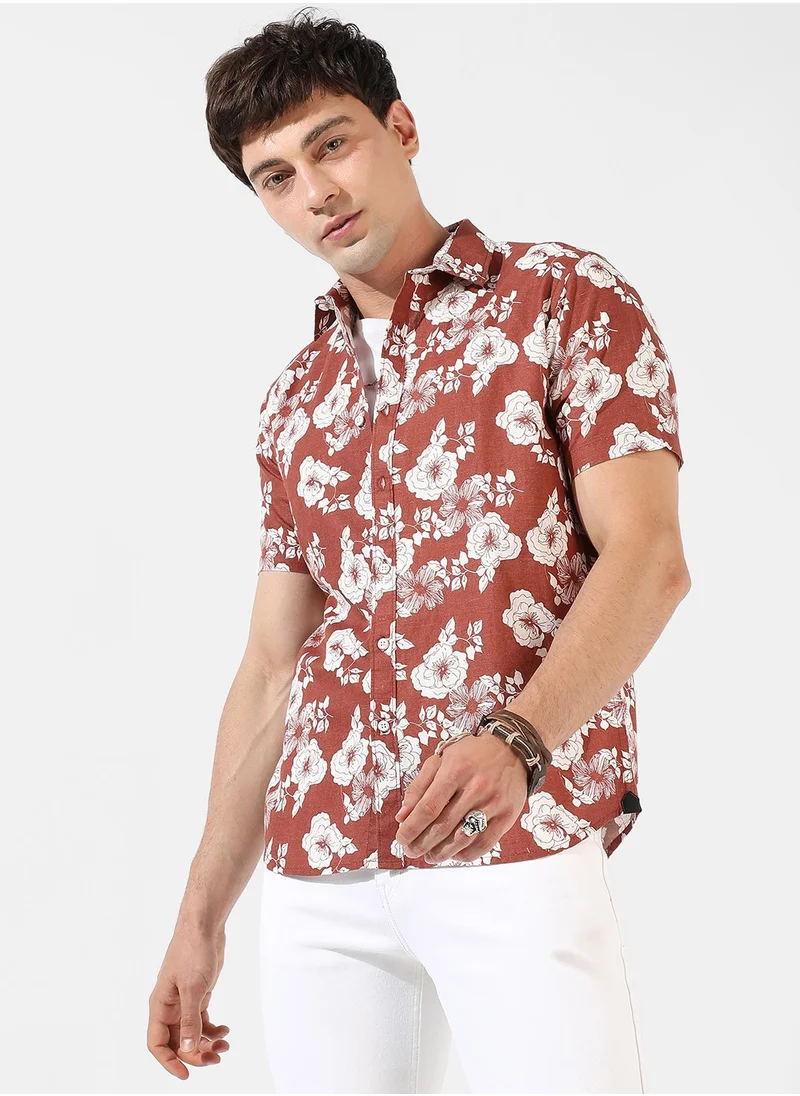 Campus Sutra Men's Brown Printed Regular Fit Casual Shirt