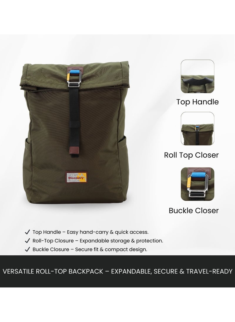 Discovery ICON Roll Top 15L Backpack Khaki, Durable Lightweight Multi Compartment Travel Bag, Padded Laptop/Tablet Pocket RFID, Adjustable Strap With Luggage Fix Strap, Men Women School Outdoor - pzsku/Z752AF6BE5C304C4C4512Z/45/_/1739530084/22bad19b-d53e-43f4-b5ee-d77d044c228b