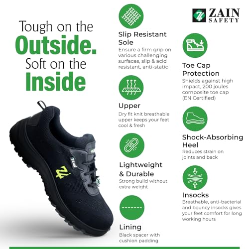 ZAIN Low Ankle Safety Shoes | BIS Approved, Breathable Upper | Lightweight, Sporty Design, Composite Toe | Black | Phantom, Size 10 - Image 3