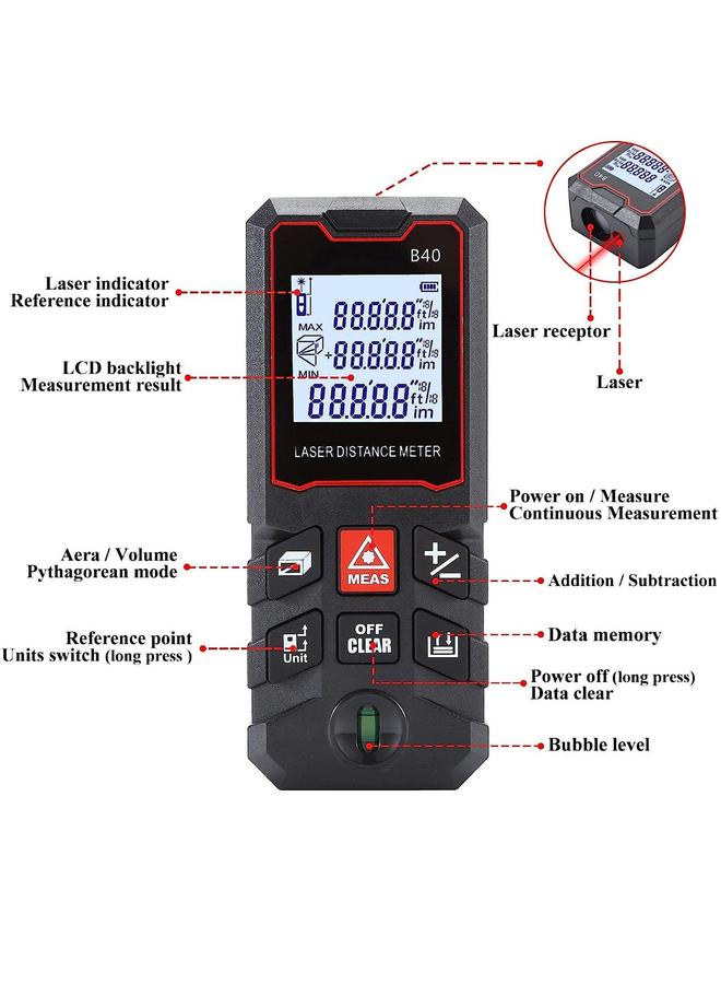 HOMESTAR Laser Measure 40M, Ft/in/M Unit Switch Digital Tape with Bubble Level Measurement Tool,LCD Backlit Distance Pythagorean Mode Area and Volume Measuring  - Image 2
