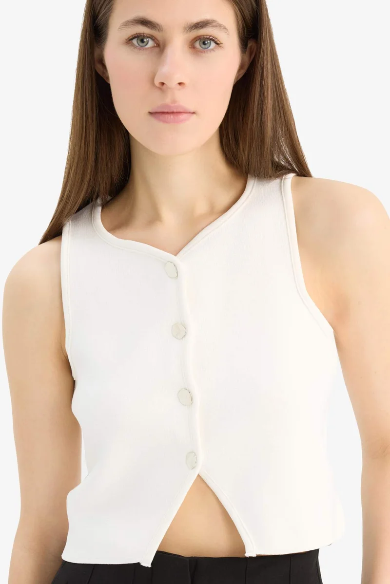 ديفاكتو Regular Fit Crew Neck White Knitted Vest