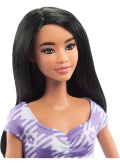 Barbie Barbie Fashionistas Doll #199, Curvy & Tall with Wavy Black Hair, Gingham Cut-Out Dress & Accessories, Including Shoes & Scrunchie-Style Bracelet  - Image 2