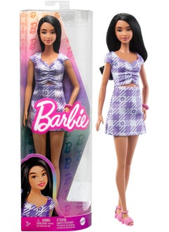 Barbie Barbie Fashionistas Doll #199, Curvy & Tall with Wavy Black Hair, Gingham Cut-Out Dress & Accessories, Including Shoes & Scrunchie-Style Bracelet  - Image 1