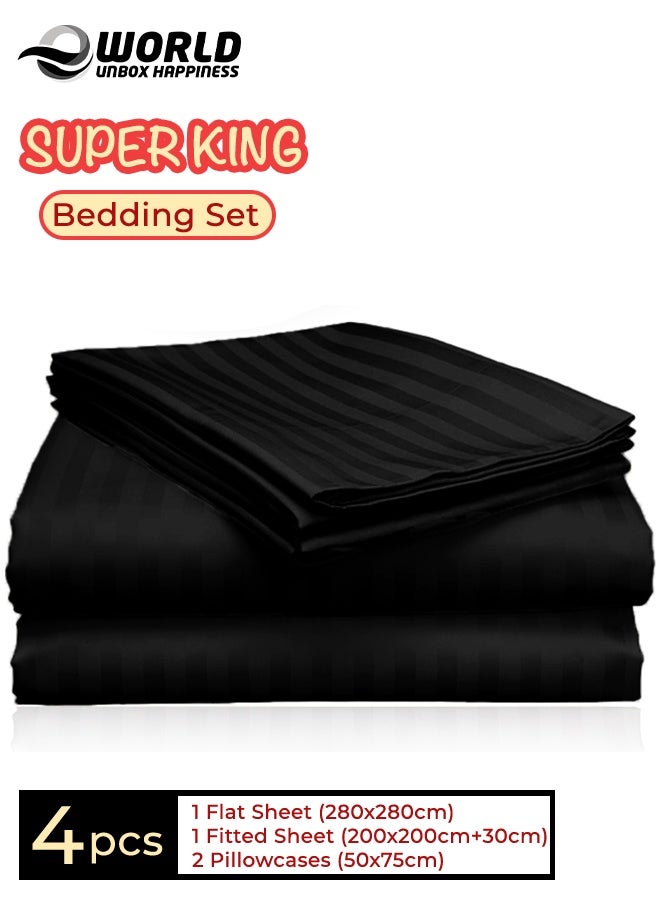 إي وورلد طقم فخم من أربع قطع لمفرش سرير سوبر كينغ مخطط باللون الأسود (شرشف مسطح 280×280 سم، شرشف مشدود 200×200+30 سم، غطاء وسادتين 50×75 سم) – ميكروفايبر فاخر، راحة على طراز الفنادق - Image 1