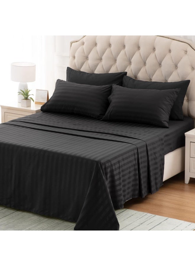 إي وورلد طقم فخم من أربع قطع لمفرش سرير سوبر كينغ مخطط باللون الأسود (شرشف مسطح 280×280 سم، شرشف مشدود 200×200+30 سم، غطاء وسادتين 50×75 سم) – ميكروفايبر فاخر، راحة على طراز الفنادق - Image 2