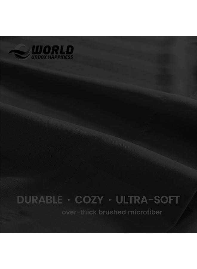 إي وورلد طقم فخم من أربع قطع لمفرش سرير سوبر كينغ مخطط باللون الأسود (شرشف مسطح 280×280 سم، شرشف مشدود 200×200+30 سم، غطاء وسادتين 50×75 سم) – ميكروفايبر فاخر، راحة على طراز الفنادق - Image 5