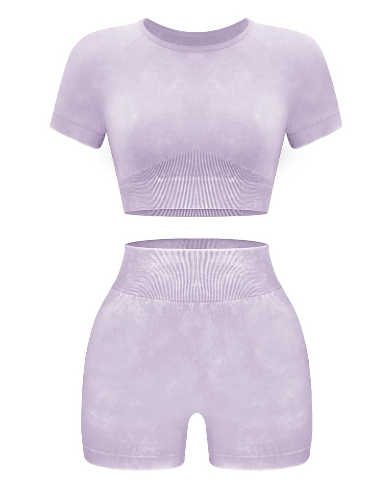 OLCHEE Womens Workout Sets 2 Piece - Seamless Acid Wash Yoga Outfits Leggings Shorts and Crop Top Matching Gym Activewear Athletic Clothing Set - Purple Medium - Image 1