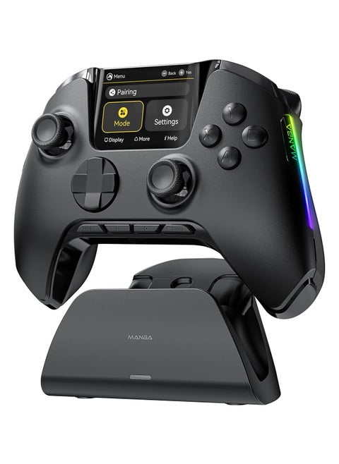 ManbaOne Interactive Screen Wireless Gaming Controller for Switch/PC/iOS/Android,Hall Effect Stick & Trigger,RGB Lighting,Remappable Buttons,1800mAh with Charging Dock (Black)