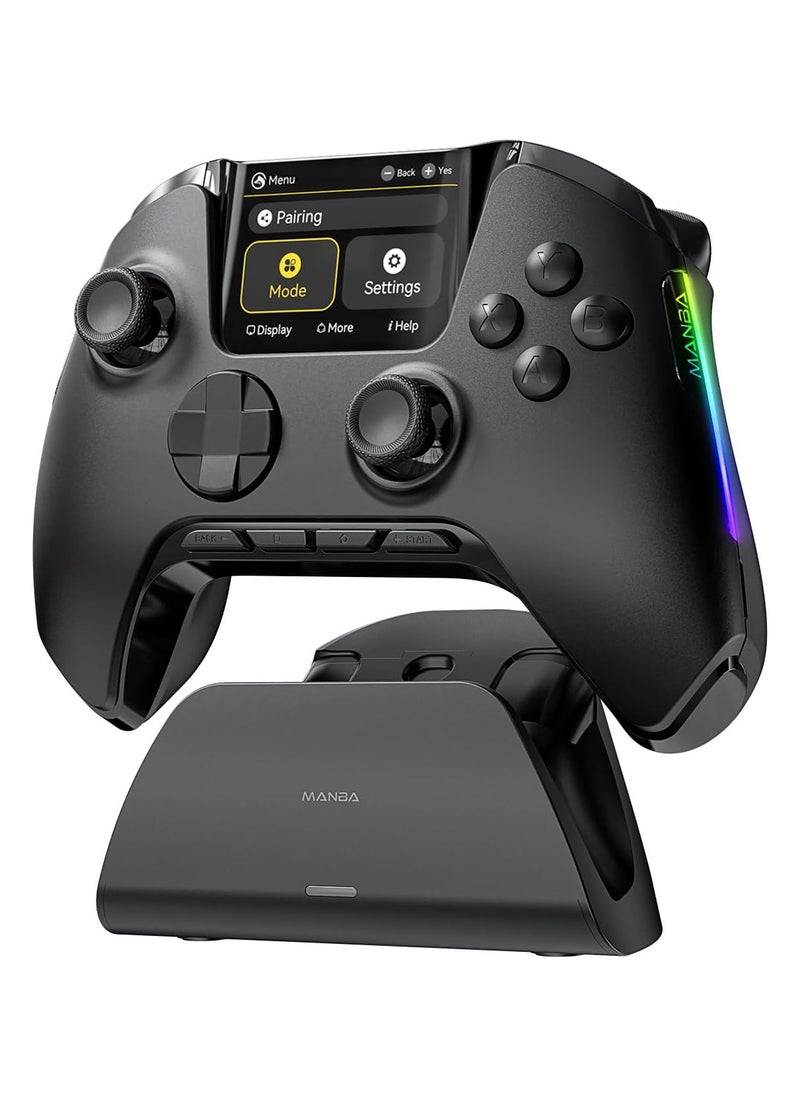 ManbaOne Interactive Screen Wireless Gaming Controller for Switch/PC/iOS/Android,Hall Effect Stick & Trigger,RGB Lighting,Remappable Buttons,1800mAh with Charging Dock (Black)