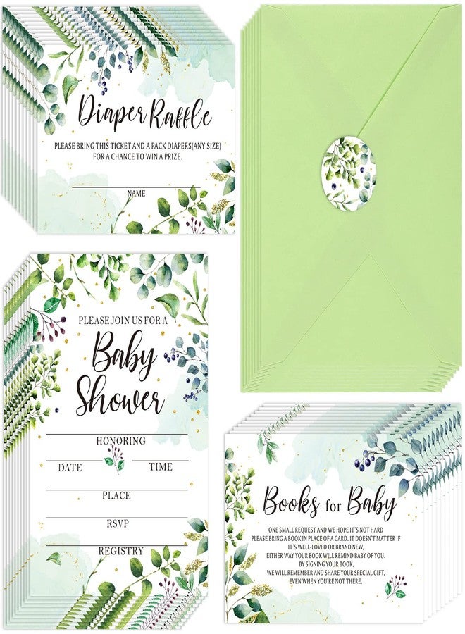 Leinuosen 25 Sets Greenery Baby Shower Invitations, Diaper Raffle Tickets, Baby Shower Book Request Cards with Envelopes for Engagement and Birthday Party Decorations - Image 1