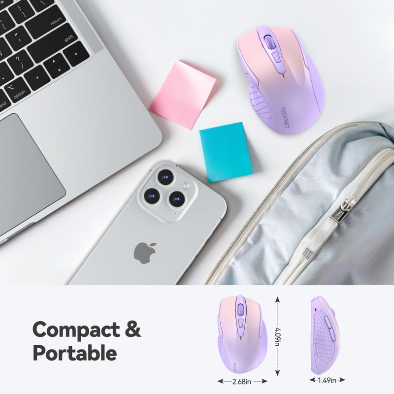 TECKNET Wireless Mouse, 2.4G Ergonomic Optical Mouse, Computer Mouse for Laptop, PC, Computer, Chromebook, Notebook, 6 Buttons, 24 Months Battery Life, 2600 DPI, 5 Adjustment Levels, Gradient Lavender - Image 2